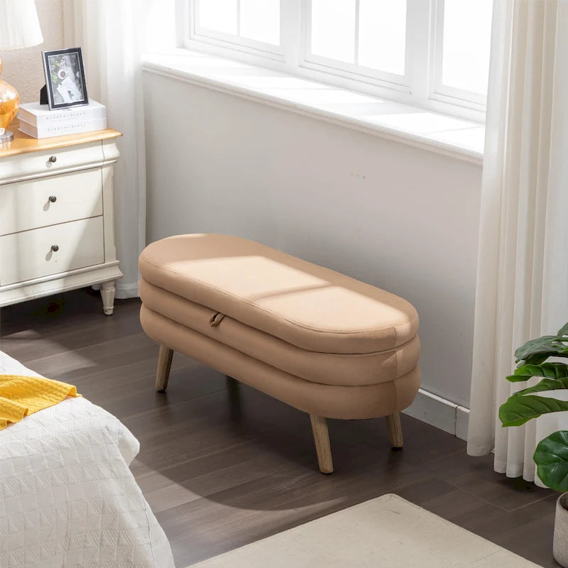 Banc de rangement capitonné en velours avec pieds en bois - Capacité de 136 kg