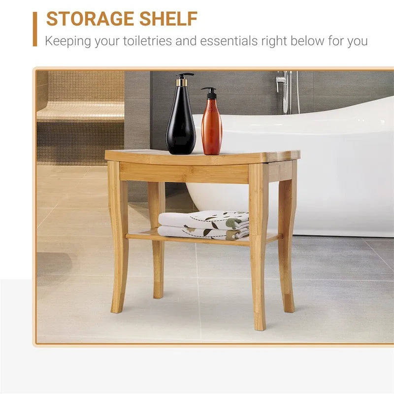 Long Banc de douche en bambou – Tabouret de spa en bois avec étagère de rangement