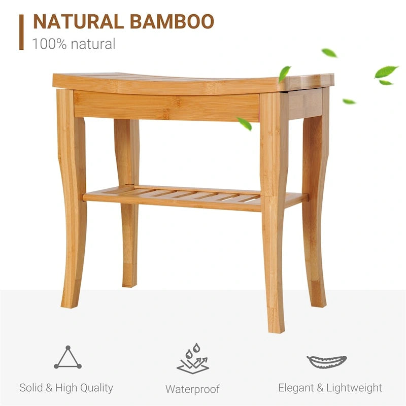 Long Banc de douche en bambou – Tabouret de spa en bois avec étagère de rangement