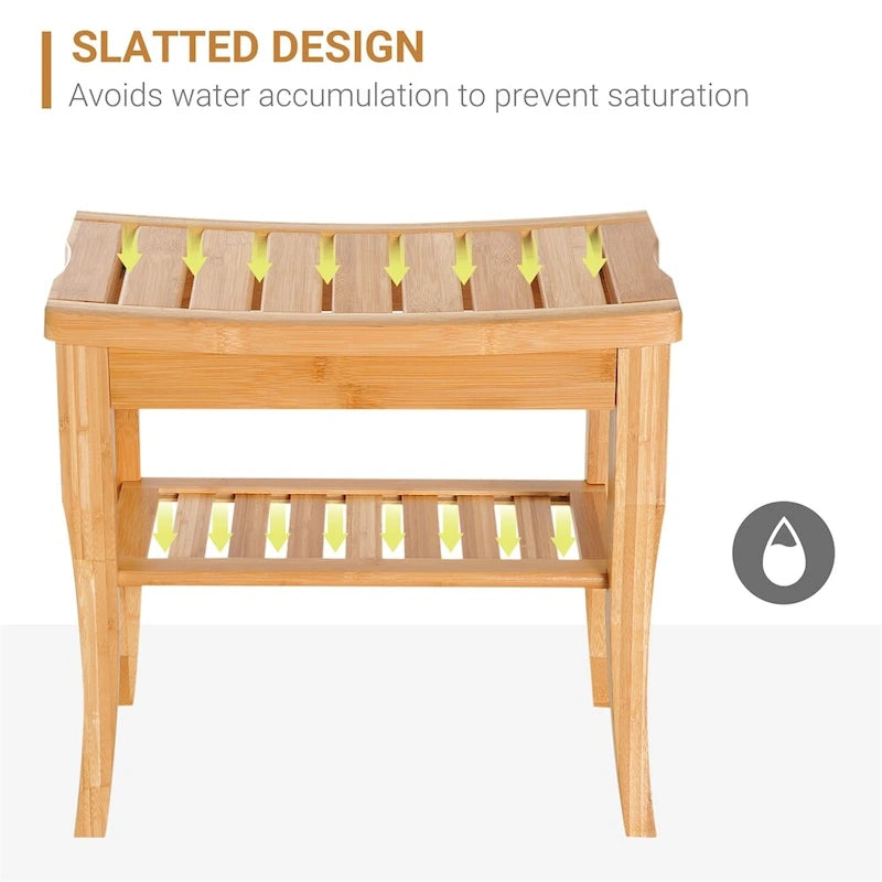 Long Banc de douche en bambou – Tabouret de spa en bois avec étagère de rangement