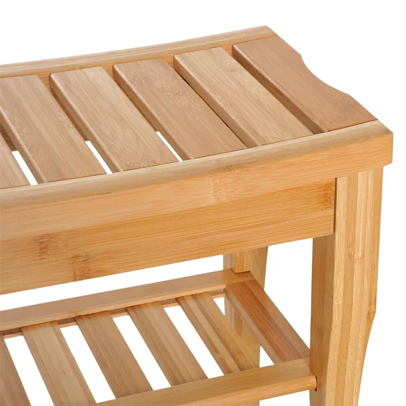 Long Banc de douche en bambou – Tabouret de spa en bois avec étagère de rangement