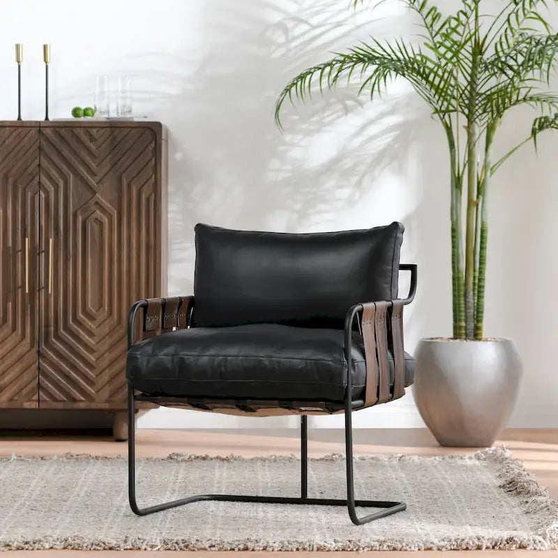 Fauteuil d'appoint en cuir pleine fleur avec cadre en métal à lanières croisées – Style industriel moderne