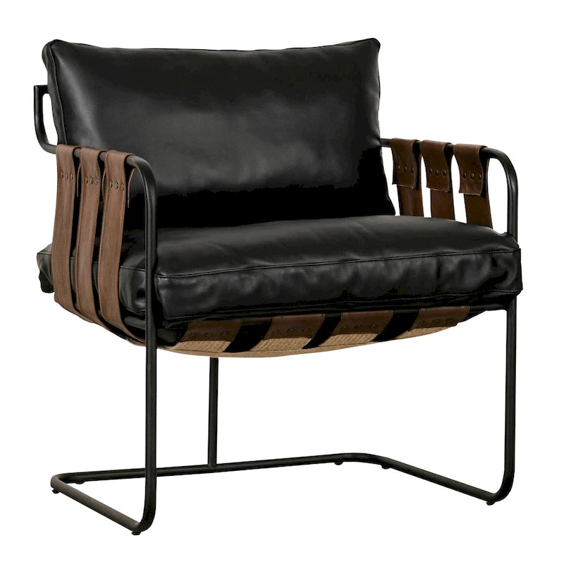 Fauteuil d'appoint en cuir pleine fleur avec cadre en métal à lanières croisées – Style industriel moderne