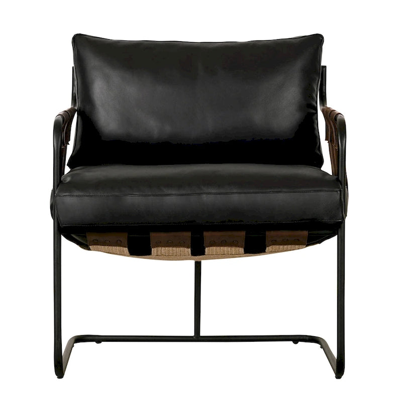 Fauteuil d'appoint en cuir pleine fleur avec cadre en métal à lanières croisées – Style industriel moderne