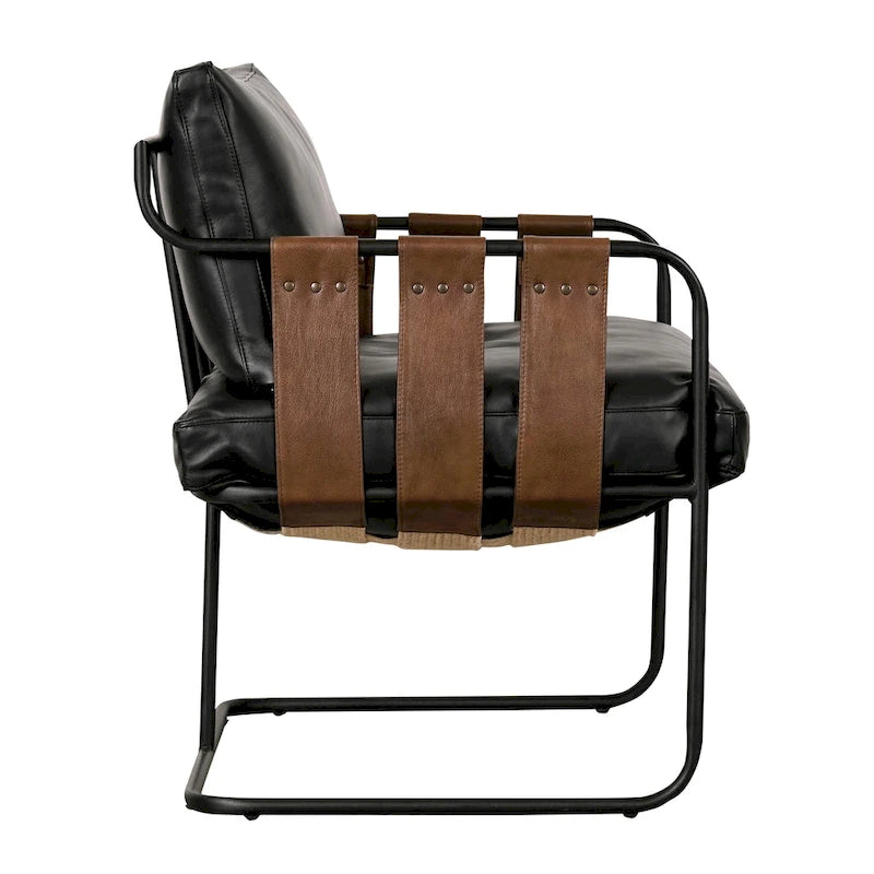 Fauteuil d'appoint en cuir pleine fleur avec cadre en métal à lanières croisées – Style industriel moderne