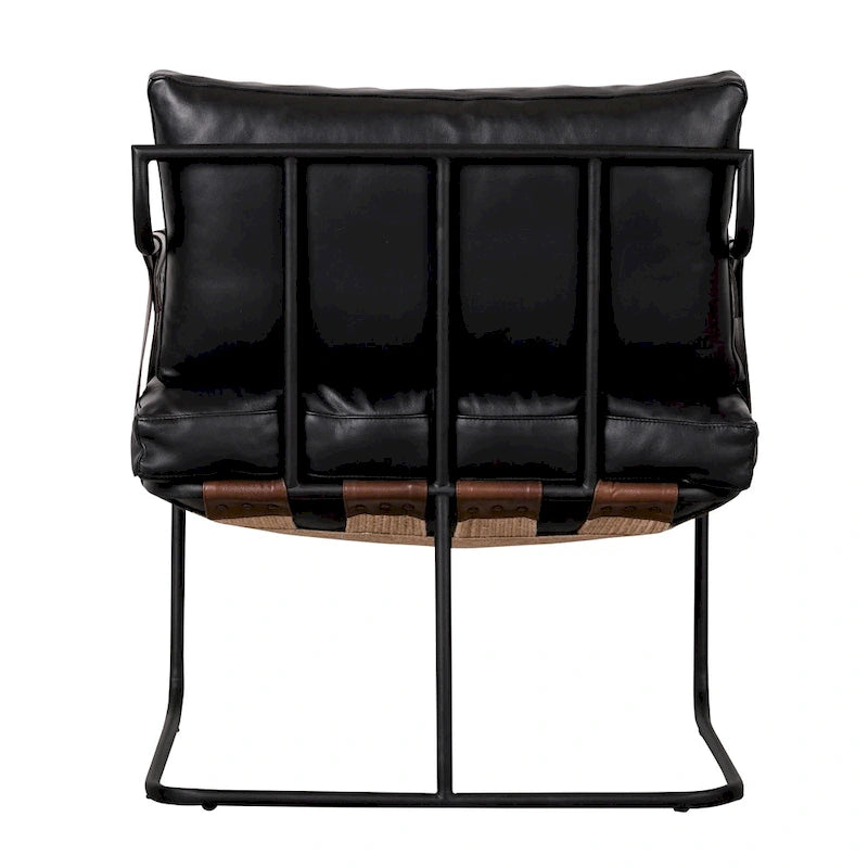 Fauteuil d'appoint en cuir pleine fleur avec cadre en métal à lanières croisées – Style industriel moderne