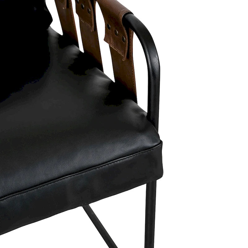 Fauteuil d'appoint en cuir pleine fleur avec cadre en métal à lanières croisées – Style industriel moderne