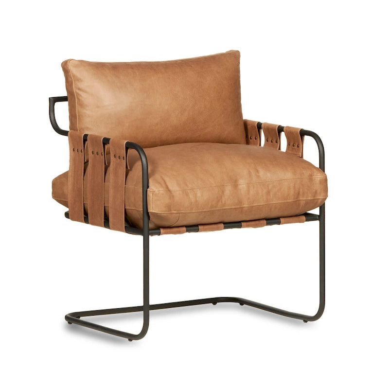 Fauteuil d'appoint en cuir pleine fleur avec cadre en métal à lanières croisées – Style industriel moderne