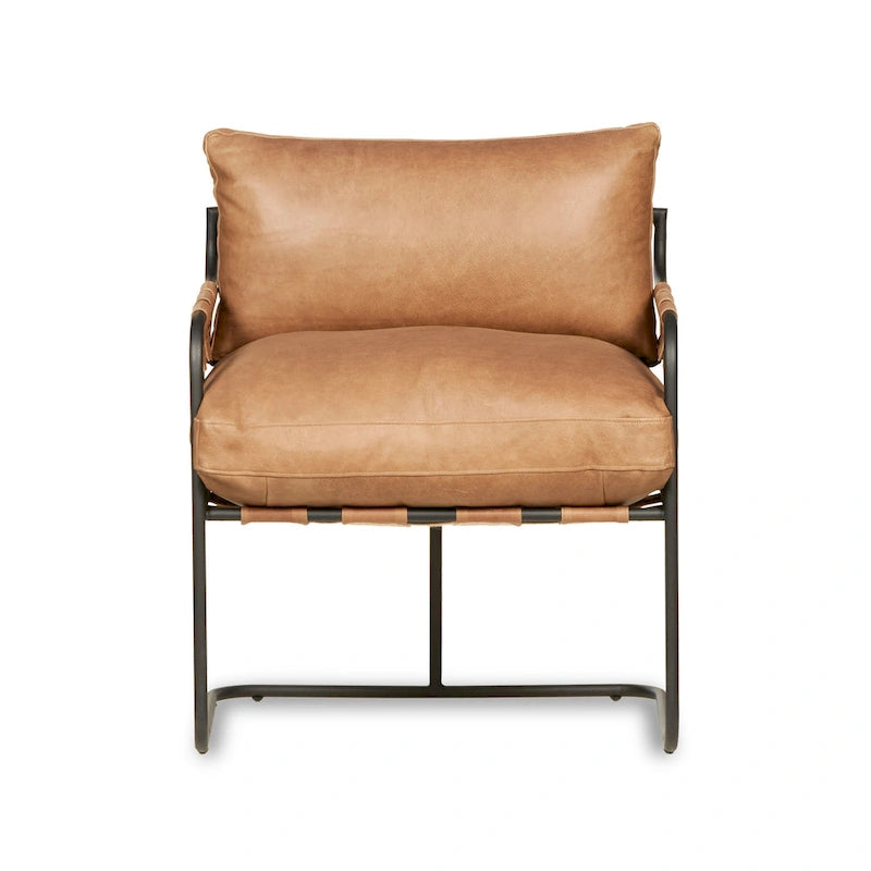 Fauteuil d'appoint en cuir pleine fleur avec cadre en métal à lanières croisées – Style industriel moderne