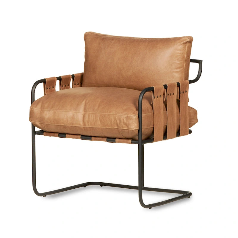 Fauteuil d'appoint en cuir pleine fleur avec cadre en métal à lanières croisées – Style industriel moderne