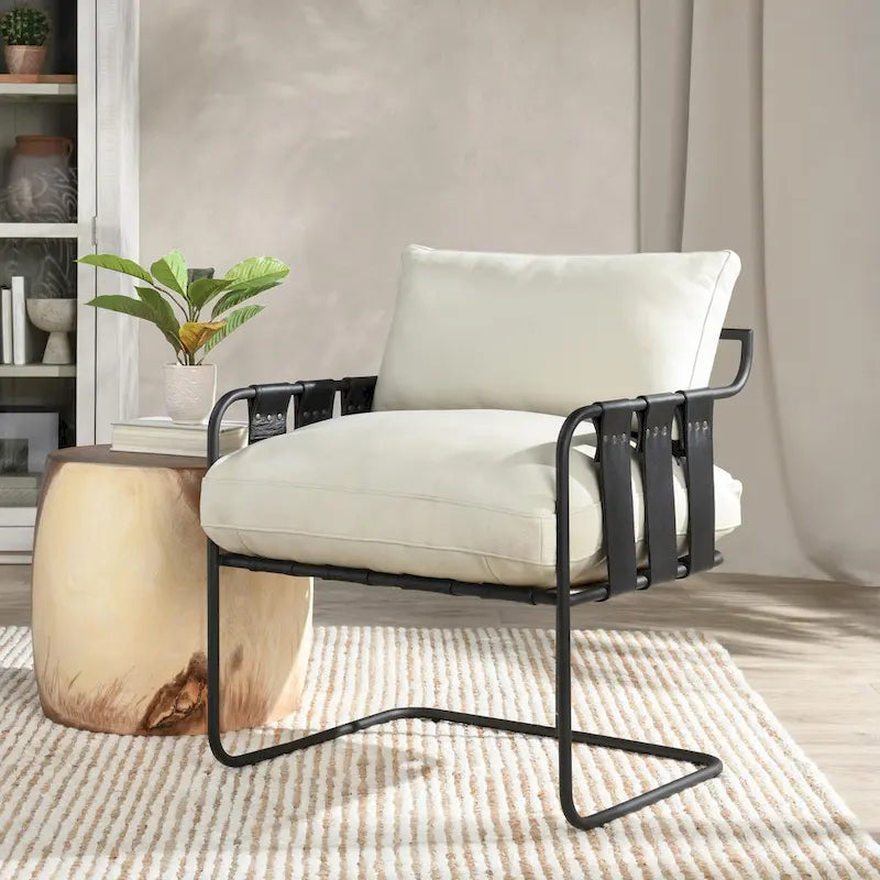 Fauteuil d'appoint en cuir pleine fleur avec cadre en métal à lanières croisées – Style industriel moderne