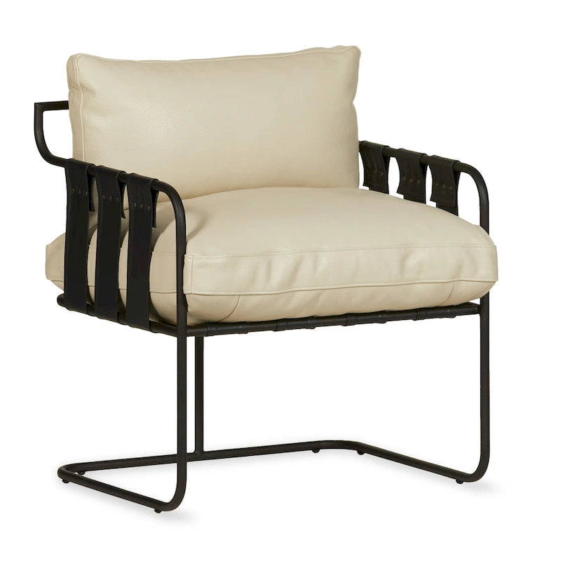 Fauteuil d'appoint en cuir pleine fleur avec cadre en métal à lanières croisées – Style industriel moderne