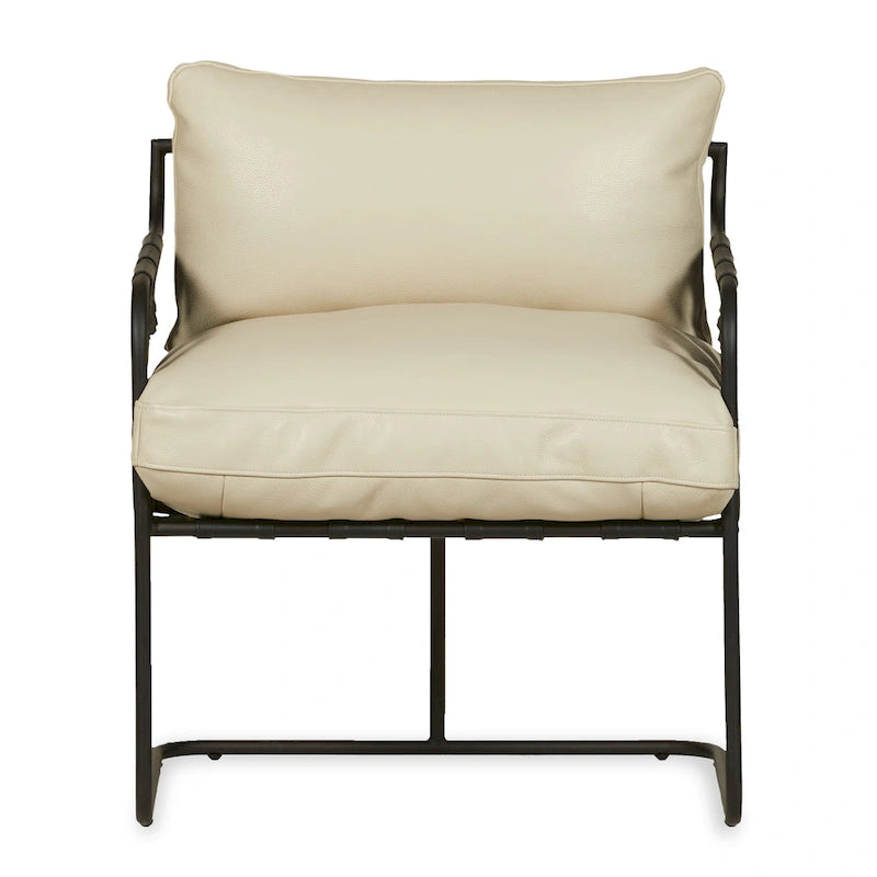 Fauteuil d'appoint en cuir pleine fleur avec cadre en métal à lanières croisées – Style industriel moderne