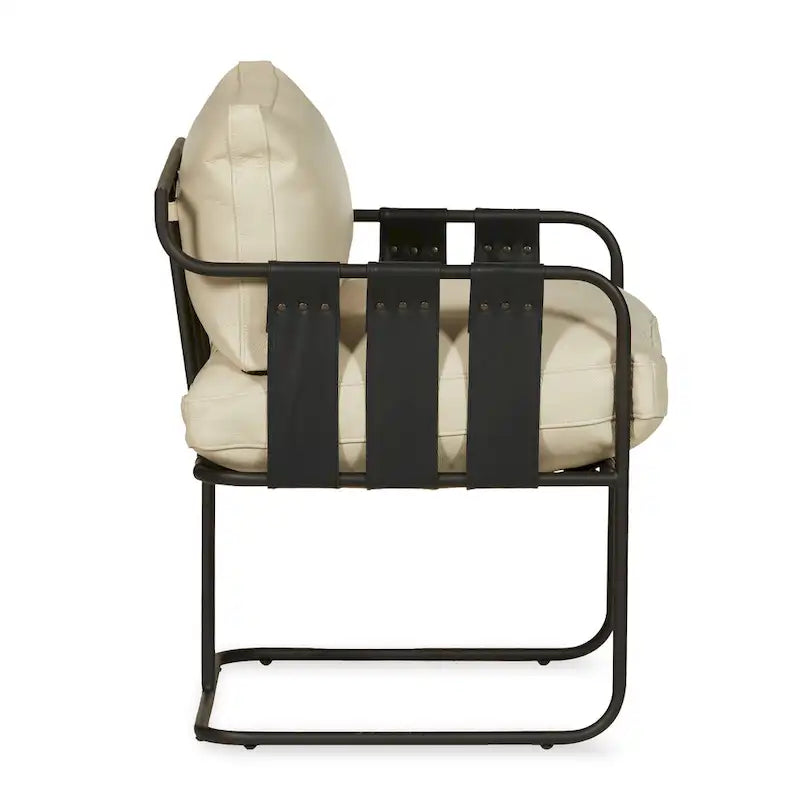 Fauteuil d'appoint en cuir pleine fleur avec cadre en métal à lanières croisées – Style industriel moderne