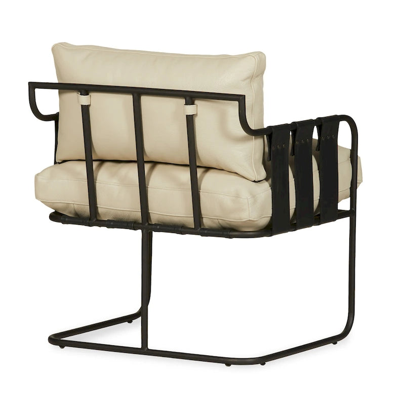 Fauteuil d'appoint en cuir pleine fleur avec cadre en métal à lanières croisées – Style industriel moderne