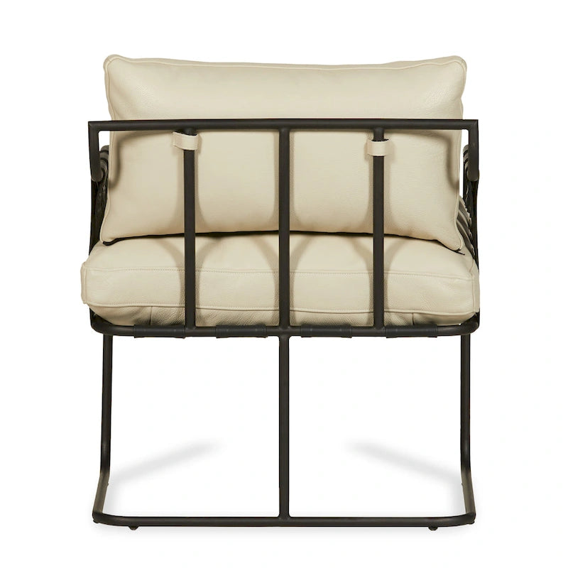 Fauteuil d'appoint en cuir pleine fleur avec cadre en métal à lanières croisées – Style industriel moderne