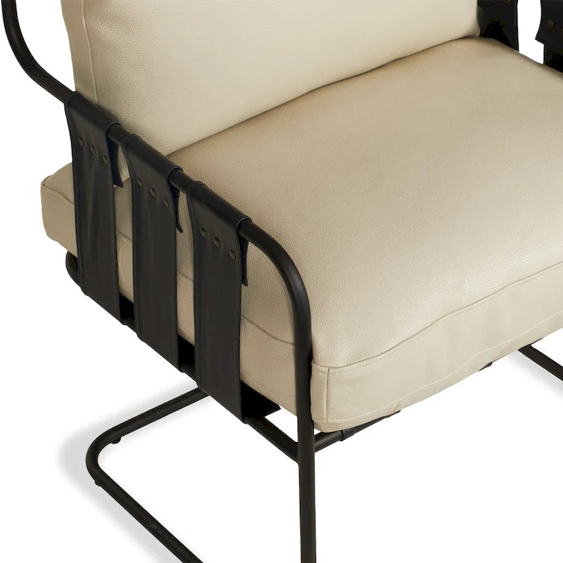 Fauteuil d'appoint en cuir pleine fleur avec cadre en métal à lanières croisées – Style industriel moderne