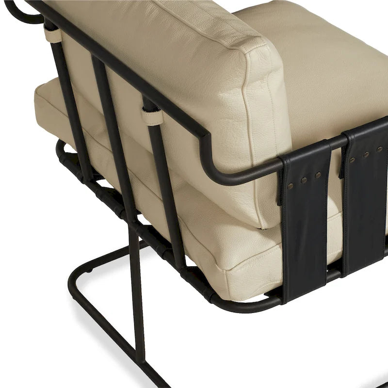 Fauteuil d'appoint en cuir pleine fleur avec cadre en métal à lanières croisées – Style industriel moderne