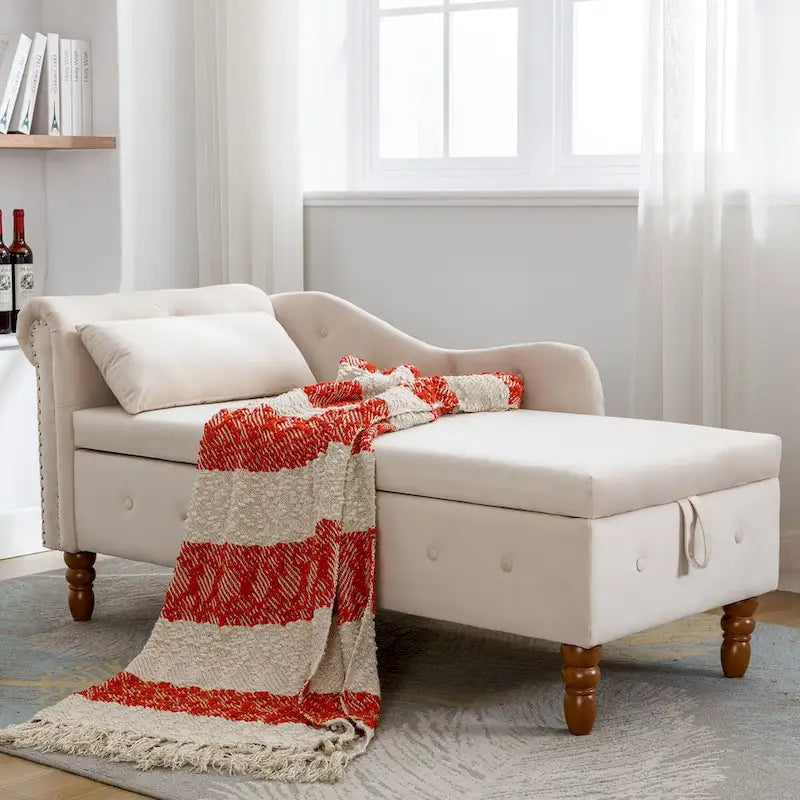 Chaise longue d'intérieur avec rangement et oreiller – Chaise longue rembourrée à accoudoirs roulés