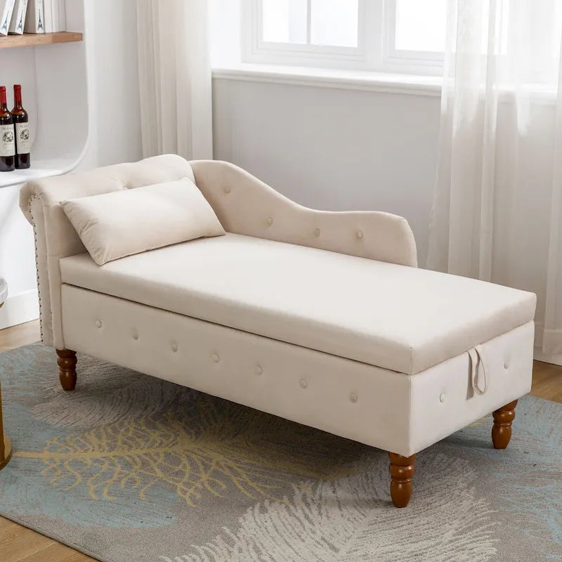 Chaise longue d'intérieur avec rangement et oreiller – Chaise longue rembourrée à accoudoirs roulés