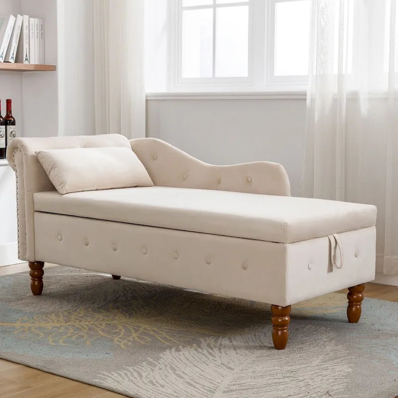 Chaise longue d'intérieur avec rangement et oreiller – Chaise longue rembourrée à accoudoirs roulés