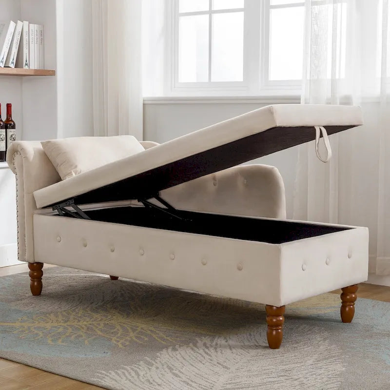 Chaise longue d'intérieur avec rangement et oreiller – Chaise longue rembourrée à accoudoirs roulés