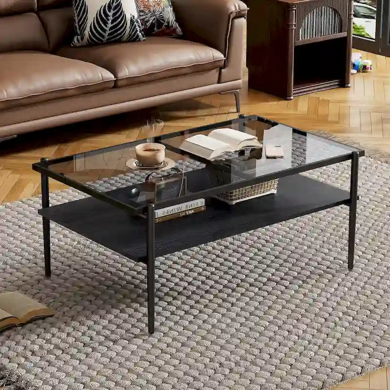 Table basse rectangulaire avec plateau en verre trempé - Table de salon moderne