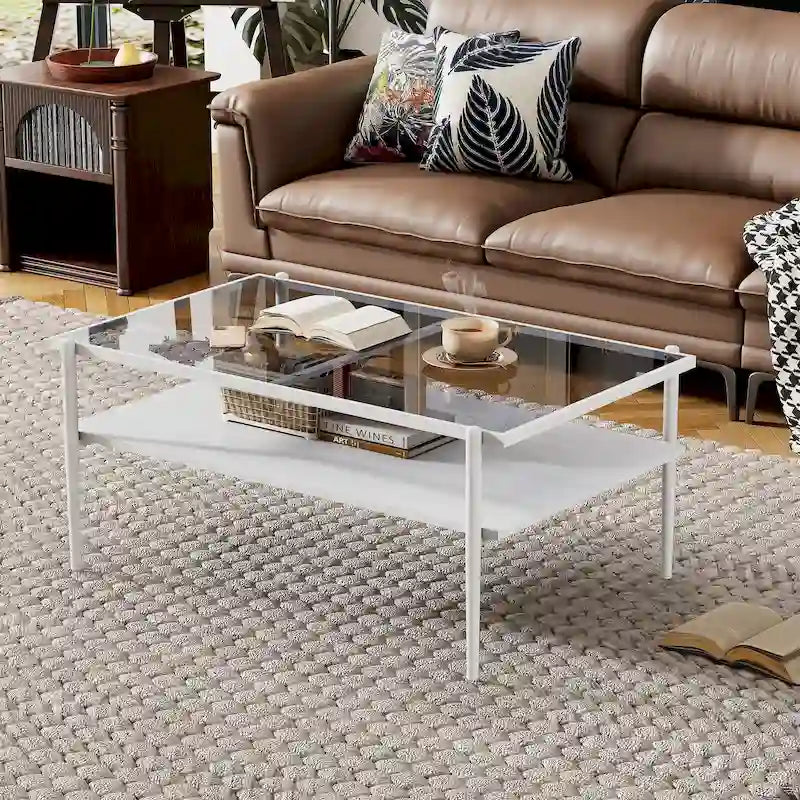 Table basse rectangulaire avec plateau en verre trempé - Table de salon moderne