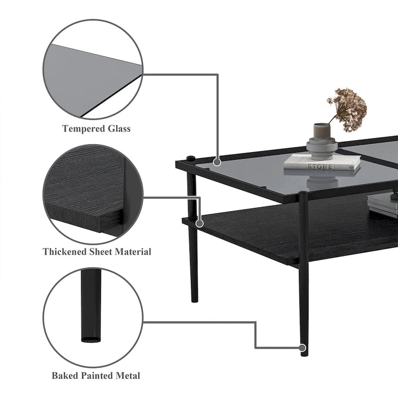 Table basse rectangulaire avec plateau en verre trempé - Table de salon moderne