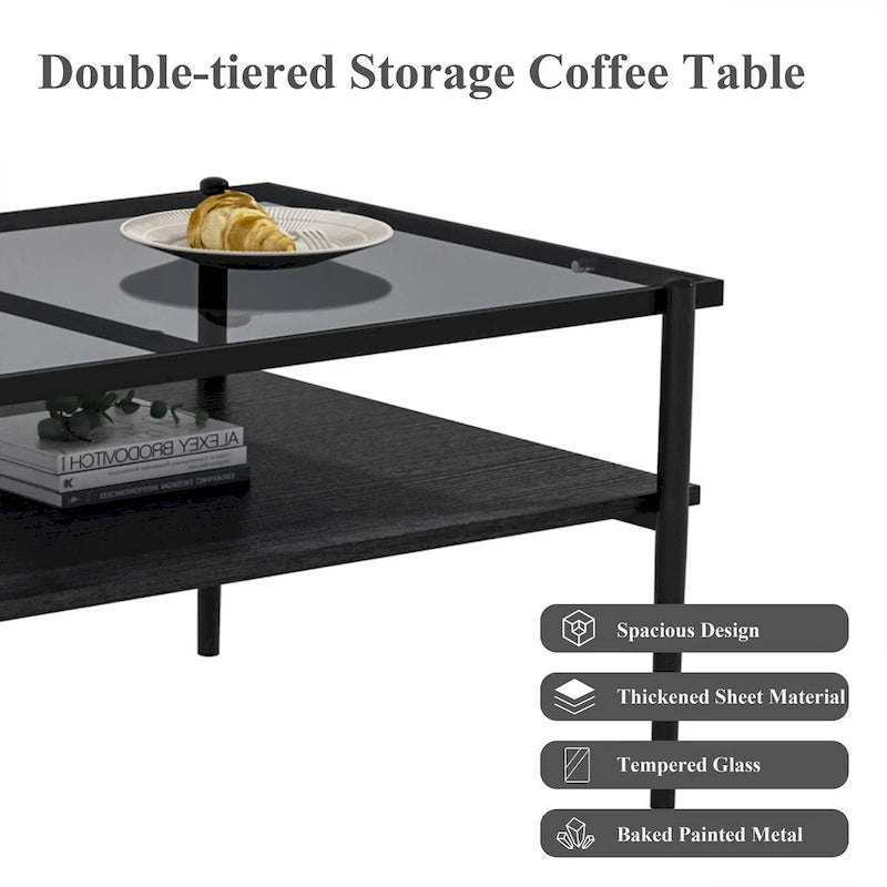 Table basse rectangulaire avec plateau en verre trempé - Table de salon moderne
