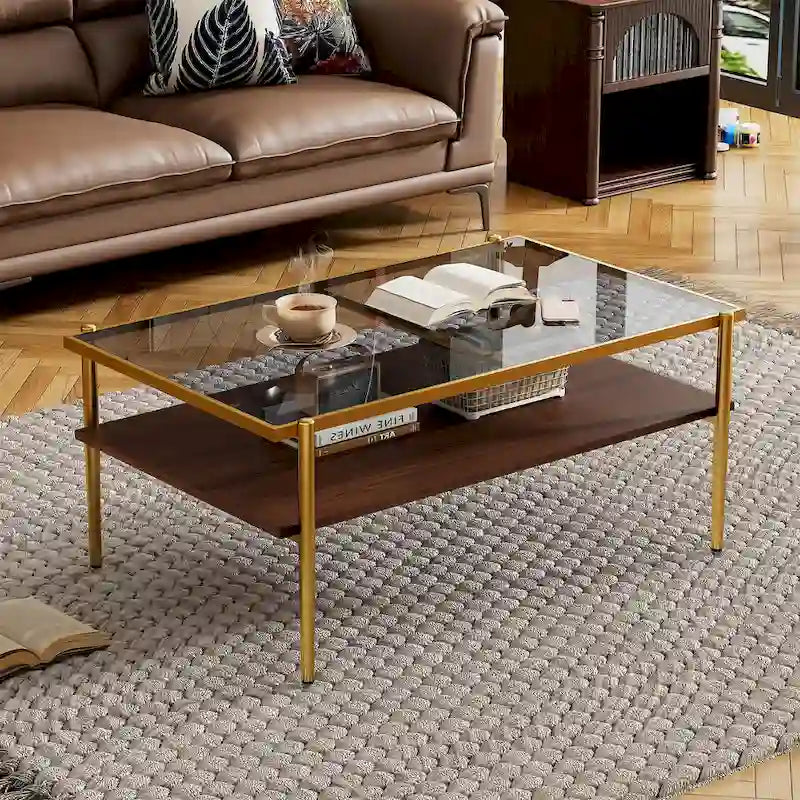 Table basse rectangulaire avec plateau en verre trempé - Table de salon moderne