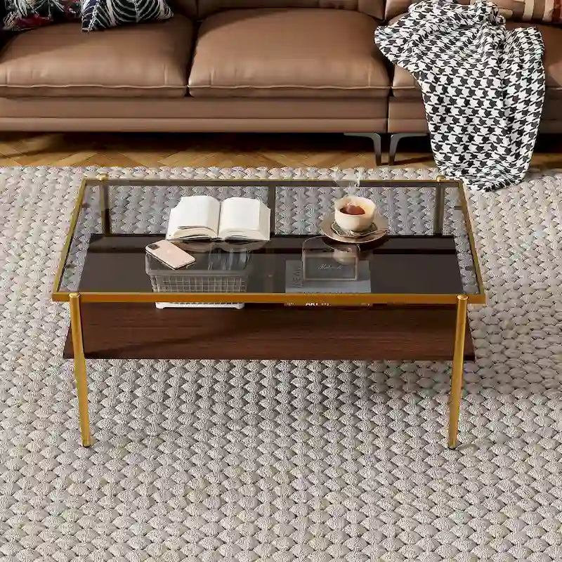 Table basse rectangulaire avec plateau en verre trempé - Table de salon moderne