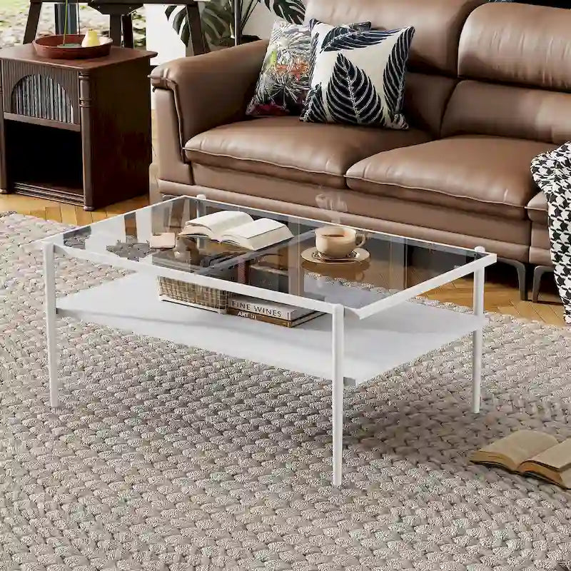 Table basse rectangulaire avec plateau en verre trempé - Table de salon moderne
