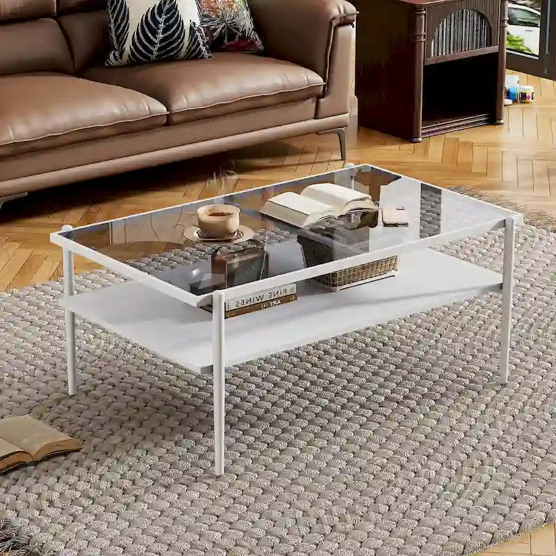 Table basse rectangulaire avec plateau en verre trempé - Table de salon moderne