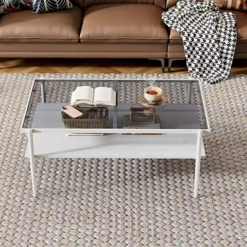 Table basse rectangulaire avec plateau en verre trempé - Table de salon moderne
