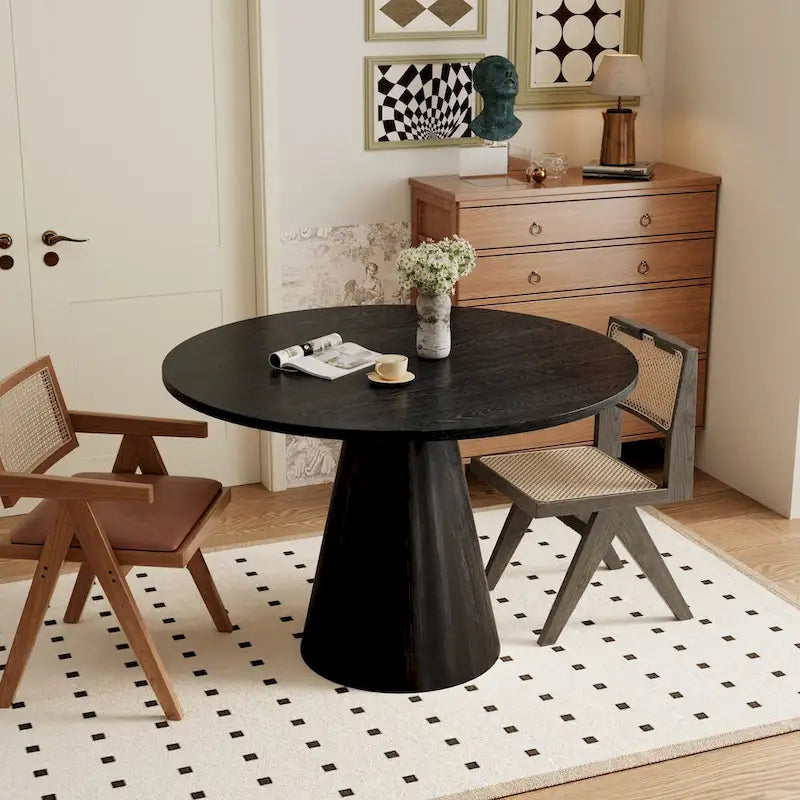 Table ronde à manger rétro pour 4 personnes - Plateau en MDF et hévéa avec pieds en bois composite