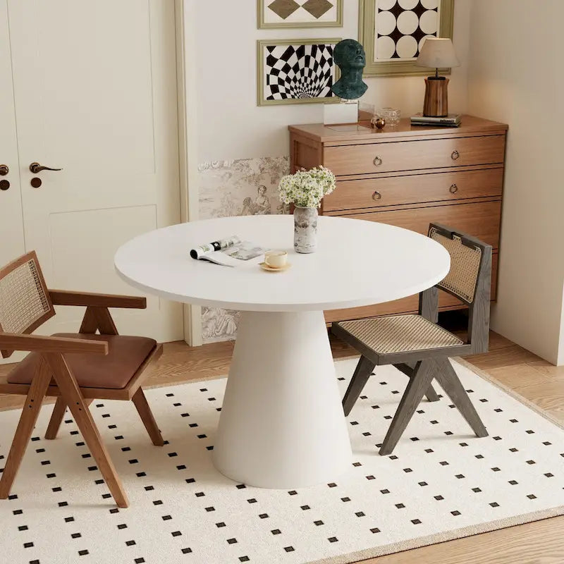 Table ronde à manger rétro pour 4 personnes - Plateau en MDF et hévéa avec pieds en bois composite