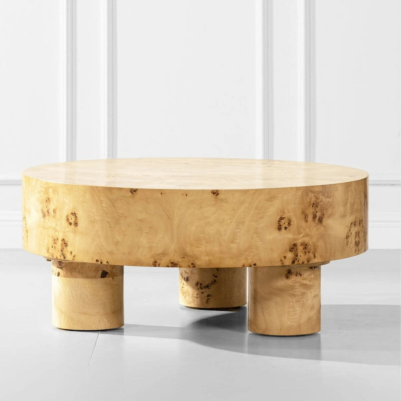 Table basse ronde en loupe de bois à trois pieds - 35,5L x 35,5P x 15,5H pouces