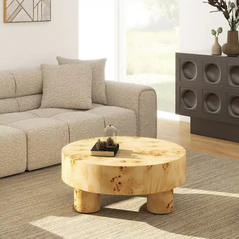 Table basse ronde en loupe de bois à trois pieds - 35,5L x 35,5P x 15,5H pouces