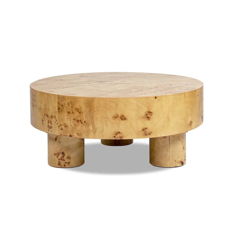 Table basse ronde en loupe de bois à trois pieds - 35,5L x 35,5P x 15,5H pouces