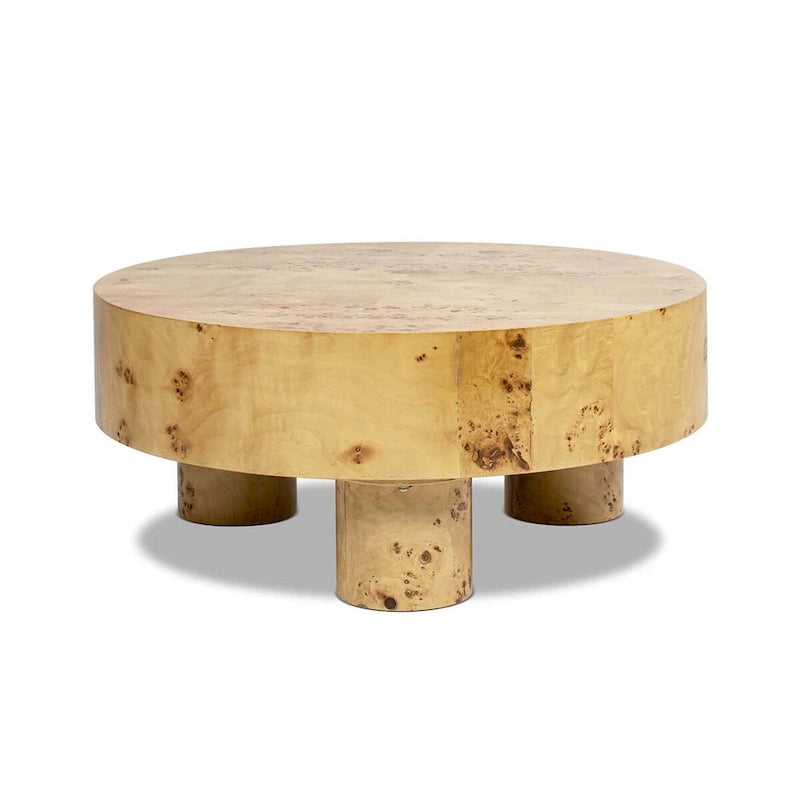 Table basse ronde en loupe de bois à trois pieds - 35,5L x 35,5P x 15,5H pouces