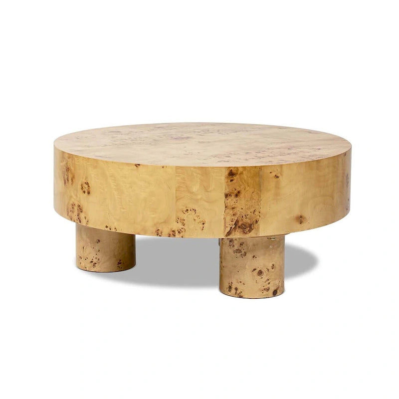 Table basse ronde en loupe de bois à trois pieds - 35,5L x 35,5P x 15,5H pouces