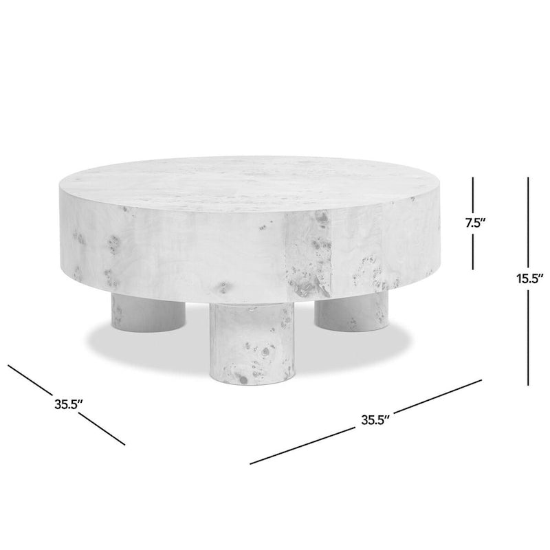 Table basse ronde en loupe de bois à trois pieds - 35,5L x 35,5P x 15,5H pouces