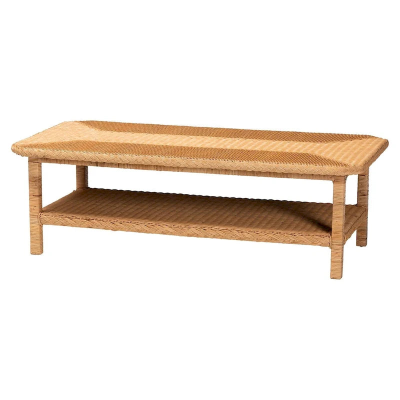 Table basse en rotin tressé miel clair bohème avec étagère ouverte