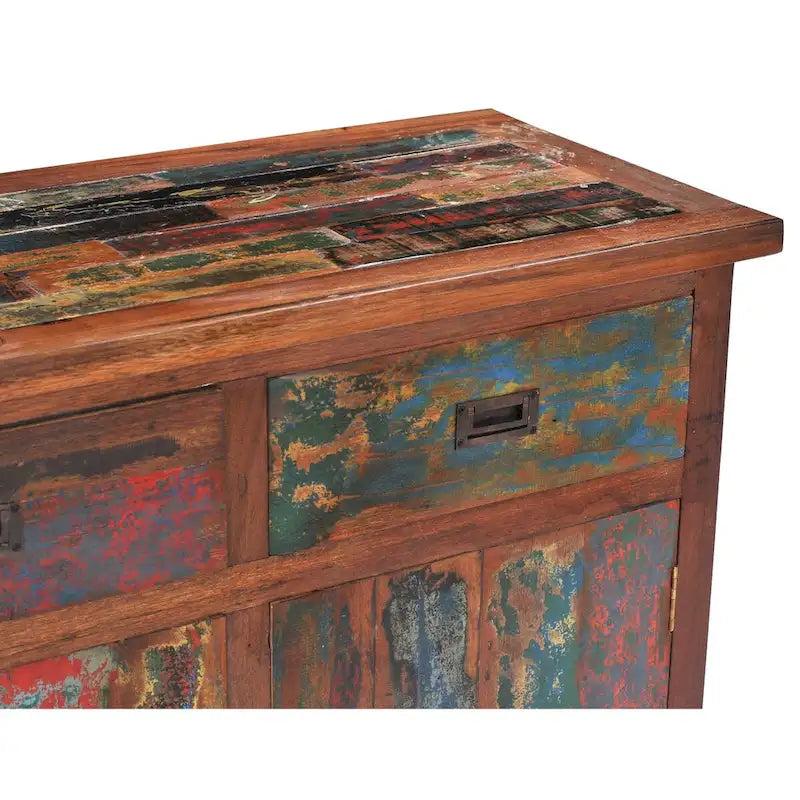 Meuble de Rangement en Lin en Teck Recyclé avec 2 Portes et 2 Tiroirs