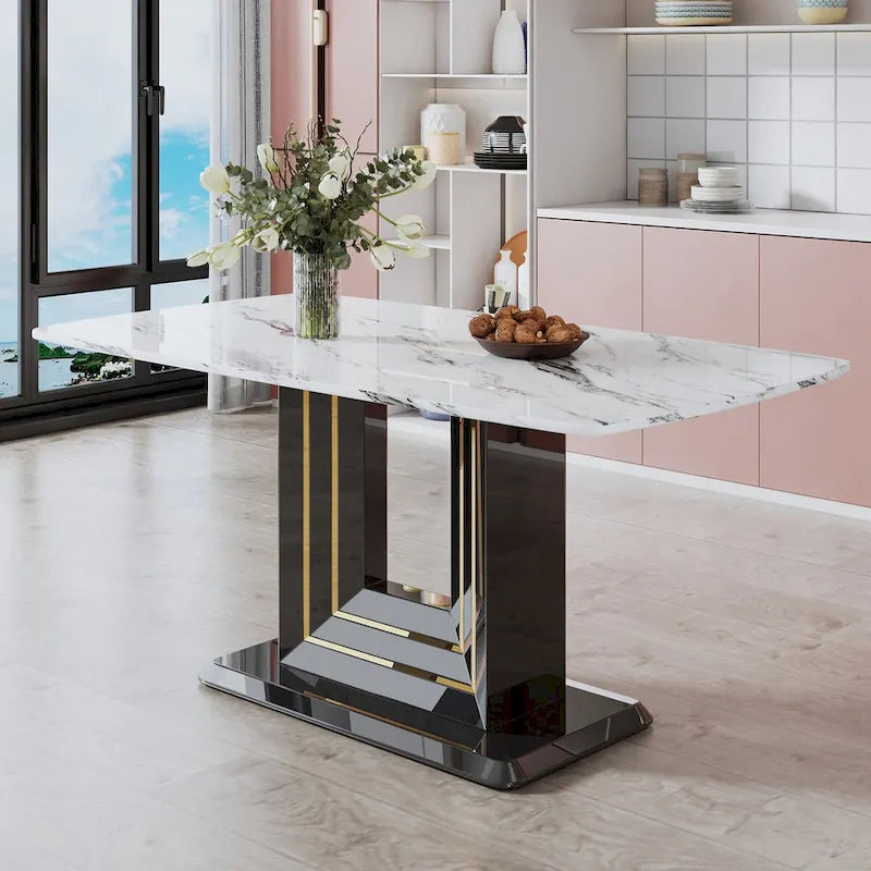 Table de salle à manger motif marbre - Pieds en MDF noir avec lignes dorées