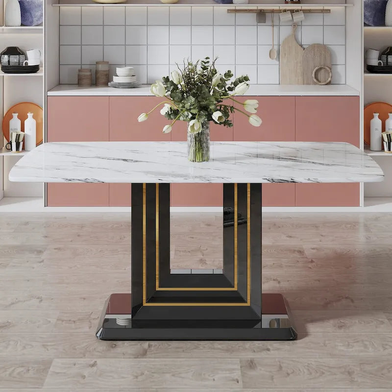 Table de salle à manger motif marbre - Pieds en MDF noir avec lignes dorées