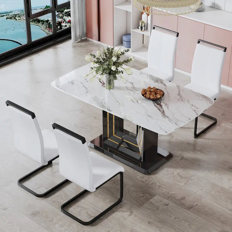 Table de salle à manger motif marbre - Pieds en MDF noir avec lignes dorées