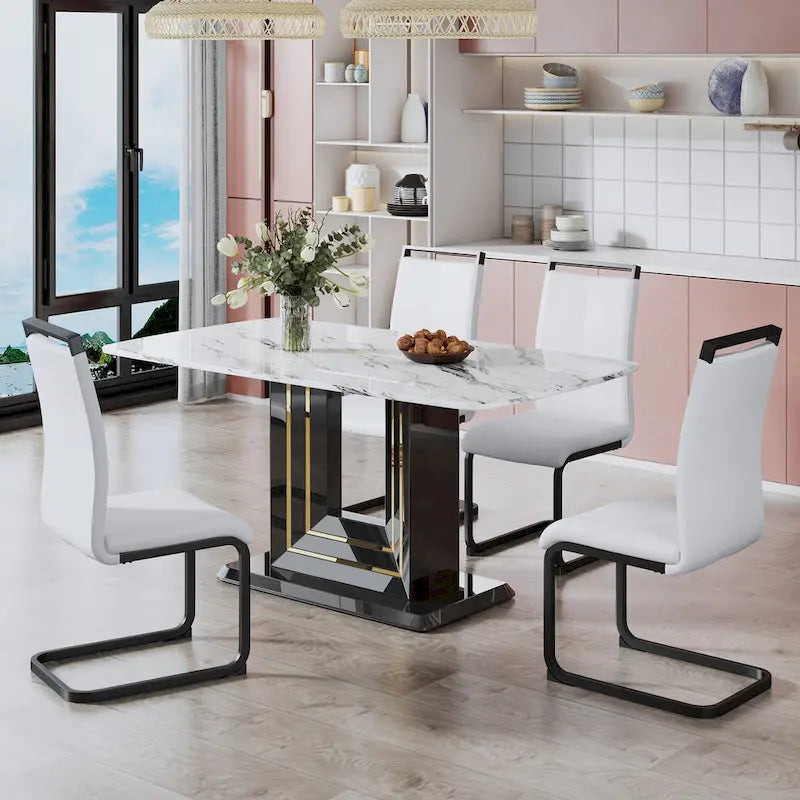 Table de salle à manger motif marbre - Pieds en MDF noir avec lignes dorées