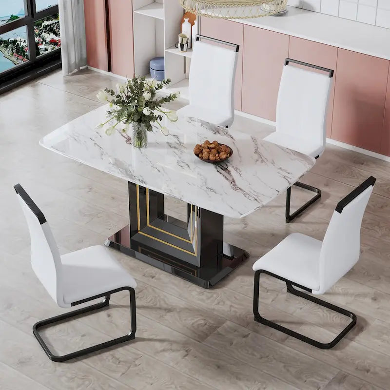 Table de salle à manger motif marbre - Pieds en MDF noir avec lignes dorées